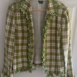 Green Tweed Blazer with Frayed Edges